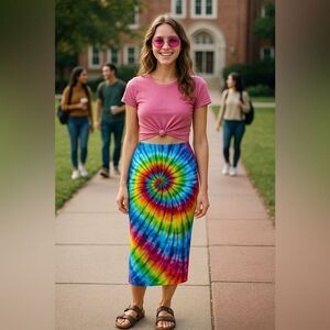 Heart & Hips Groovy Spiral Tie-Dye Bodycon Skirt | Handmade Festival Look sz L